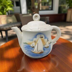 Vintage Porcelier Ironstone Teapot With Sailboat Design
